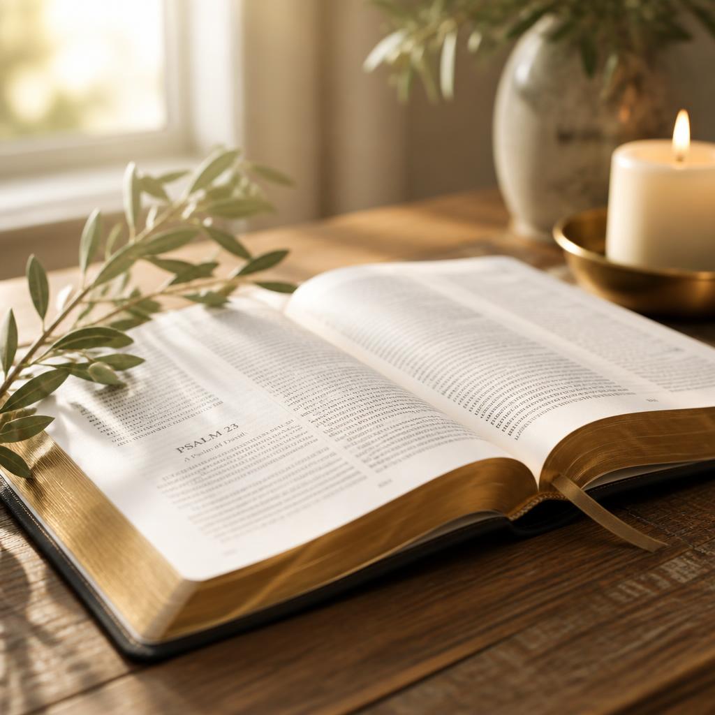 An open Bible with an olive branch, a symbol of peace and prayer