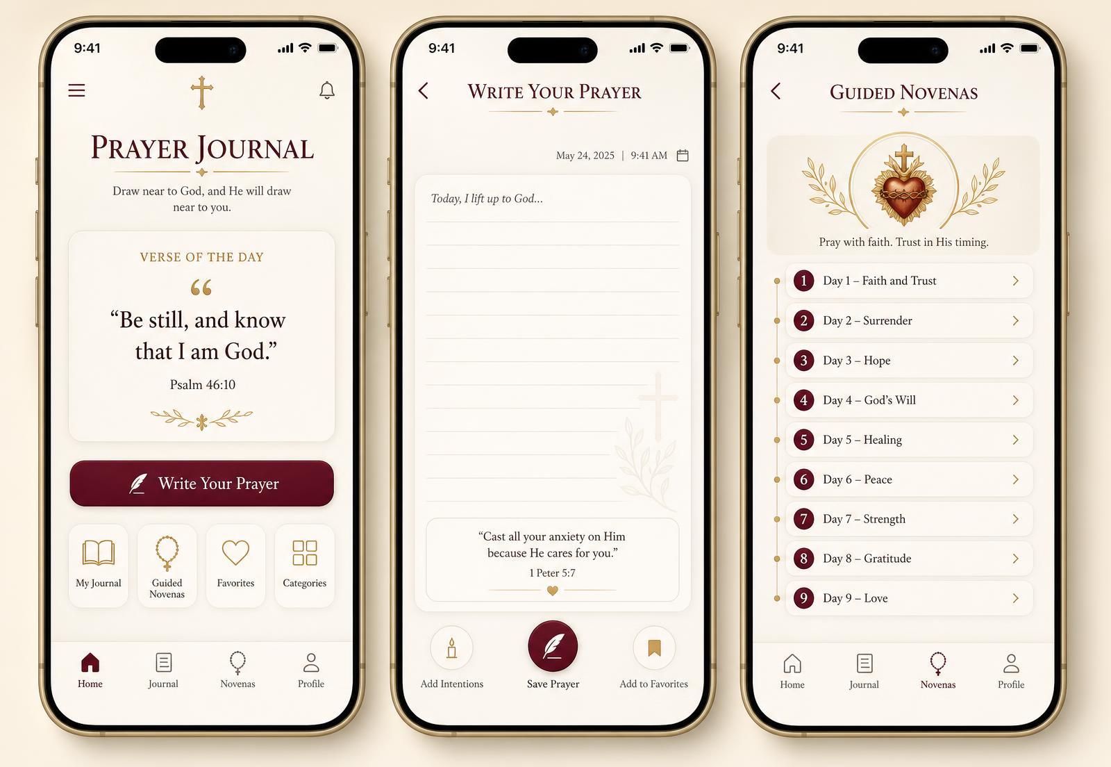 Three Prayer Journal screens: home, write your prayer, and guided novenas